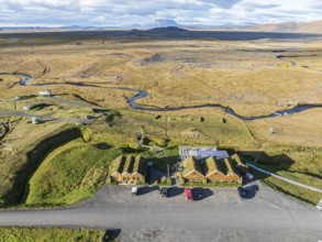 Mödrudalur farm and guesthouse northwest of Egilsstadir, aerial view of church, restaurant and