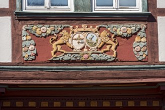 Colourfully painted carvings, lions with coat of arms medallions, paradise, floral ornaments,