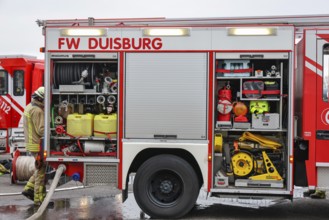 Duisburg, North Rhine-Westphalia, Germany, firefighting exercise, people are rescued from a burning