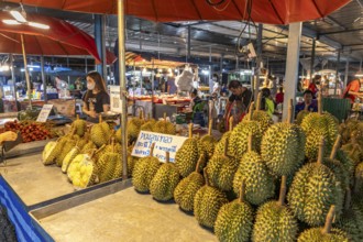 Durian fruit stall at the night market in Trat, Thailand, Asia