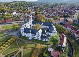 Aerial view of Ehrenstein Castle, a well-preserved Renaissance castle, with castle garden. Ohrdruf,