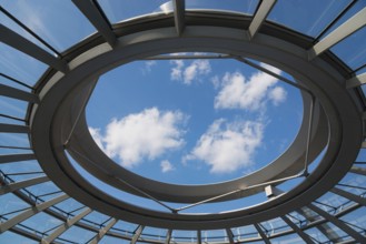 Round skylight of the dome with a view of the blue sky and clouds, Reichstag building, German