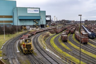 Hüttenwerke Krupp-Mannesmann, HKM in Duisburg, halls of the blast furnace steelworks, tracks of the