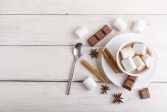 A cup of hot chocolate with marshmallow and spices on white wooden background. top view, copy space