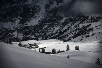 Mountain valley with light and shade in winter, Baad, Vorarlberg, Austria, Europe