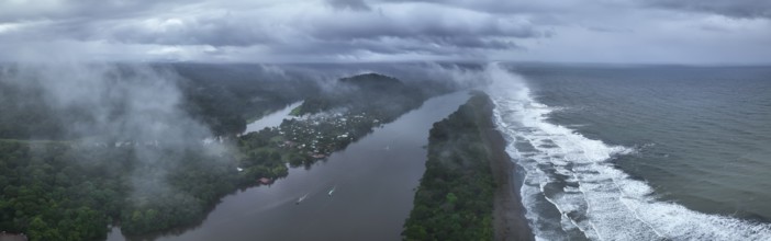 Aerial view, beach and sea, coast with rainforest, Tortuguero National Park, Costa Rica, Central