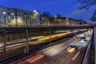 The Hausackerbrücke, inner-city road bridge over the A40 motorway and the U18 light rail line,