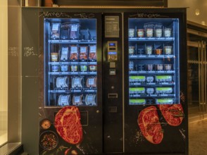 Barbecue food vending machine, food vending machines, fresh eggs, meat, sausages, sauces, various