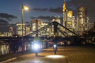 Skyline of the city centre of Frankfurt am Main, cyclist with light on the cycle path, pavement,