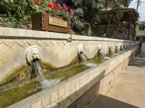 Partial view of lion fountain Venetian fountain Kefalovrisi with 25 waterspouts in the shape of