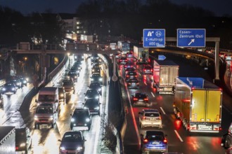 Evening traffic jam on the A40 motorway, Essen-Huttrop junction, traffic jam in both directions,