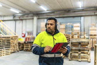 Man worker using digital tablet in the carpentry area of a recycling plant