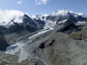 Aerial view, Alpine panorama, mountain landscape with glacier tongue and glacier lake, Glacier de
