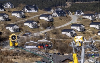 Winter sports area in the Sauerland, Winterberg ski lift carousel, artificial snow slopes,