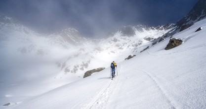 Ski tourers in a wintry mountain landscape, ascent to Porta d'Es-cha, Grisons Haute Route ski tour,