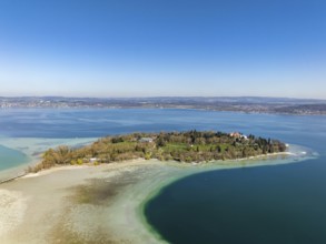 Aerial view of the island of Mainau at low tide with spring-like vegetation, district of Constance,