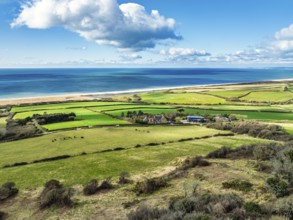Farms over Swyre and West Bexington from a drone, West Bexington Nature Reserve, S W Coast Path,