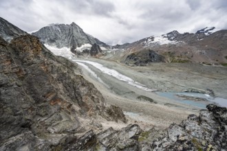 View of glacier Glacier de Cheilon and mountain peak Mont Blanc de Cheilon, at Col de Riedmatten,