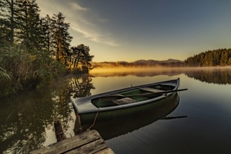 Boats in the autumnal Schmutter Weiher in the Allgäu near the municipalities of Halblech,