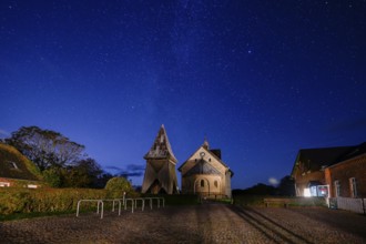 St Salvator's Old Church at night, starry sky, Klostermitteldeich, Pellworm Island,