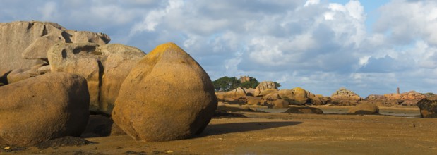 Large rocks on the beach under a cloudy blue sky, Baie de Sainte-Anne, Trégastel, Tregastel, Côte