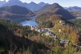 Idyllic valley with autumn-coloured forest, enchanting mountains and a tranquil lake, Schwansee,