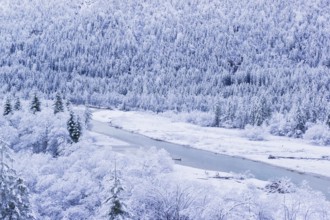 Isar valley in winter at temperatures of minus 18 degrees Celsius. Snow covered landscape with the