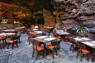 Tables in the restaurant, art and cultural centre, Jameos del Agua venue, lava tube, Lanzarote,