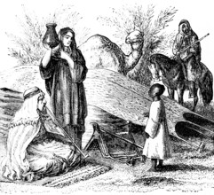 Nomadic Arabs, family with father, mother, child, traveller, camels, carpet, jug, tent, Arab