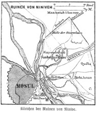 Map of the ruins of Nineveh or Niniveh on the Tigris, city wall, canal, moat, Mesopotamia, Assyria,
