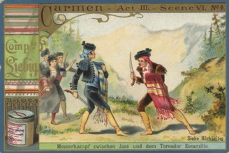 Picture series Opera Carmen, knife fight between Jose and the toreador Escamillo, Liebig picture,