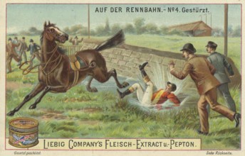 Series of pictures At the racecourse, The rider is thrown off and lands in the ditch, Liebig