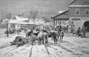 Situation in front of an inn in Eastern Galicia in winter, horses and sleighs, Poland, in 1880,
