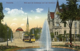 View through Carolastrasse and tramway to the municipal theatre, 1912, Chemnitz, Saxony, Germany,
