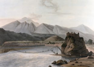 Rope bridge in the Sirinagur Mountains, Srinagar, India, ca 1880, digitally enhanced reproduction