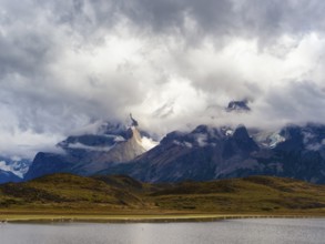 Dramatic landscape, rocks, clouds, lakes, Torres del Paine National Park, Patagonia, Chile, South