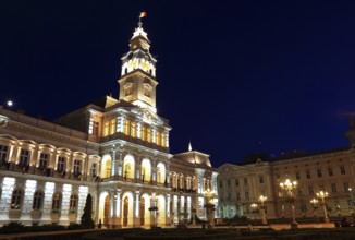 Banat, city of Arad, city centre, city hall at night, illuminated, Romania, Europe