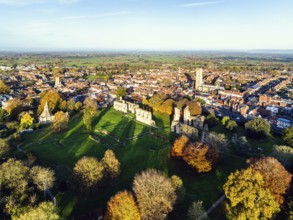 Sunrise over Glastonbury Abbey from a drone, Glastonbury, Somerset, England, United Kingdom, Europe