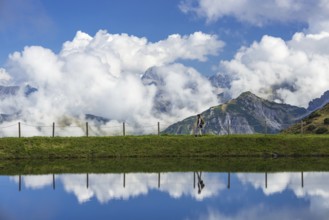 Artificial lake, Riezler Alpsee, snow pond, at the mountain station of the Kanzelwand cable car,