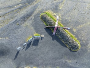 Aerial view of the Skeidara Bridge Monument viewpoint, large metal parts of the bridge that was
