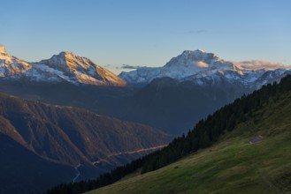 Bettmeralp with view of the Rhone valley, evening mood, alpenglow, tourism, travel, Valais,