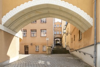 Archway at the New Town Hall with stairs at the portico, the passageway to the