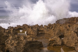 The rocks are scattered throughout the area, with some of them being large and jagged. The water