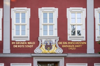 Red town hall on the market square, sight on the market square. City view of Suhl, Thuringia,