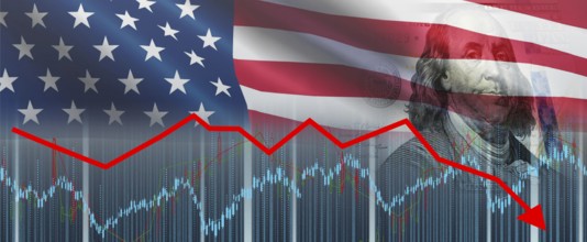 USA economic fall graph, economic decline. United State economic crisis graph, economic collapse