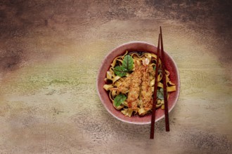 Udon noodles with shrimp in tempura, Japanese cuisine, homemade, no people