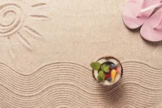 Abstract background, Summer wallpaper, drawing on sand, sea waves and sun, coconut with summer