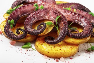 Octopus with potatoes and spices, on a light plate, top view, no people, homemade, close-up