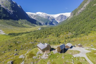Aerial view of tourist cabin Tungestølen at the glacier Jostedalsbreen, valley Langedalen in the