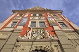 City coat of arms with decorations and year 1574 and view upwards, Renaissance, red, historic,